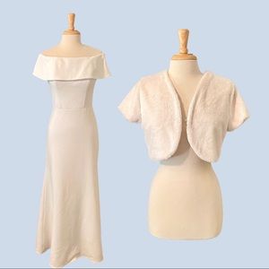 Betsy & Adam Off Shoulder Ruffle Back Evening Gown and Jacket